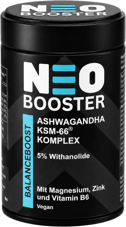 NEO BOOSTER Ashwagandha KSM-66 Komplex in der schwarzen Metalldose